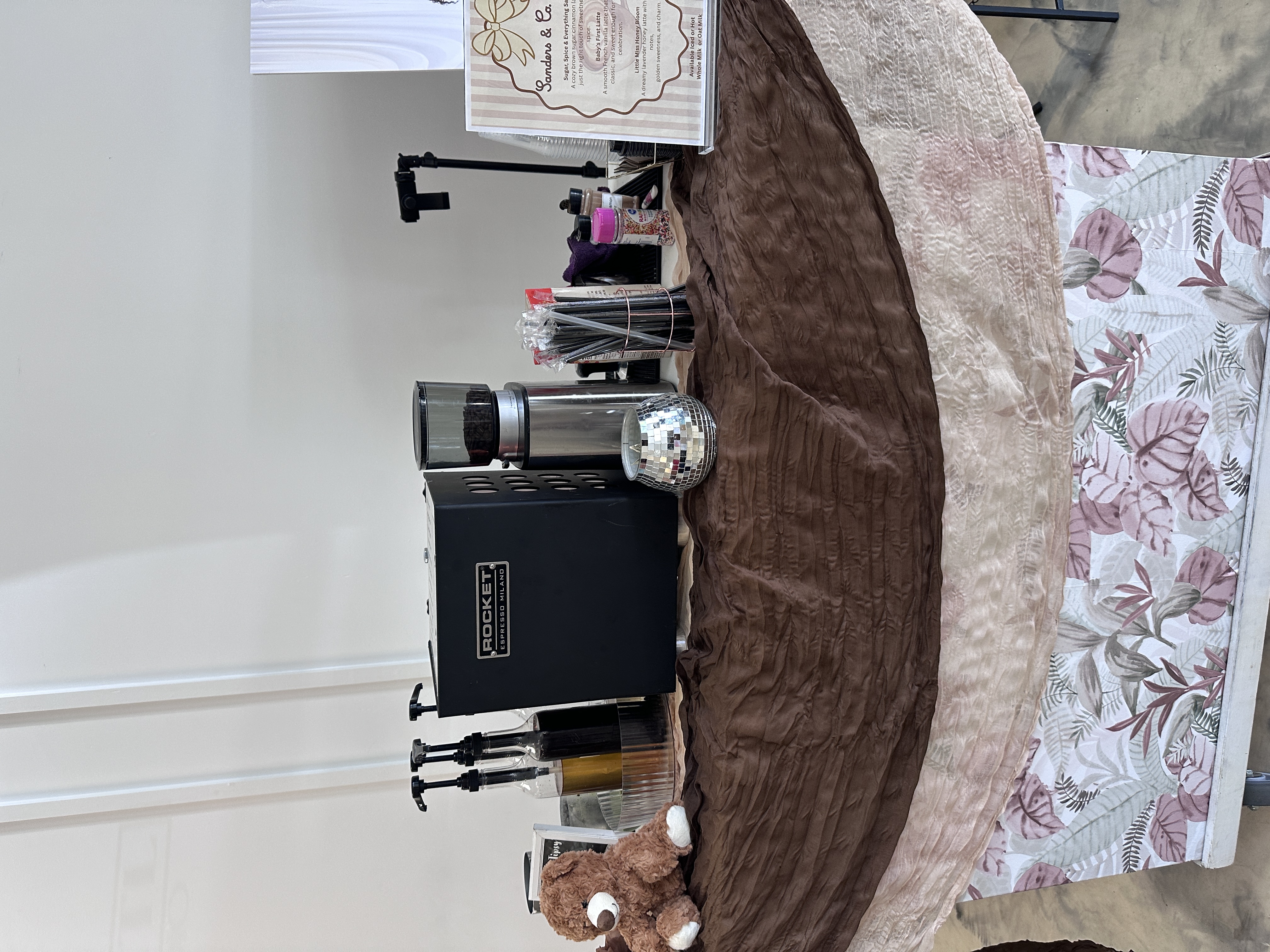Tee Coffee Studio Rocket espresso Milano bar setup with brown velvet drape and custom menu at Atlanta baby shower event