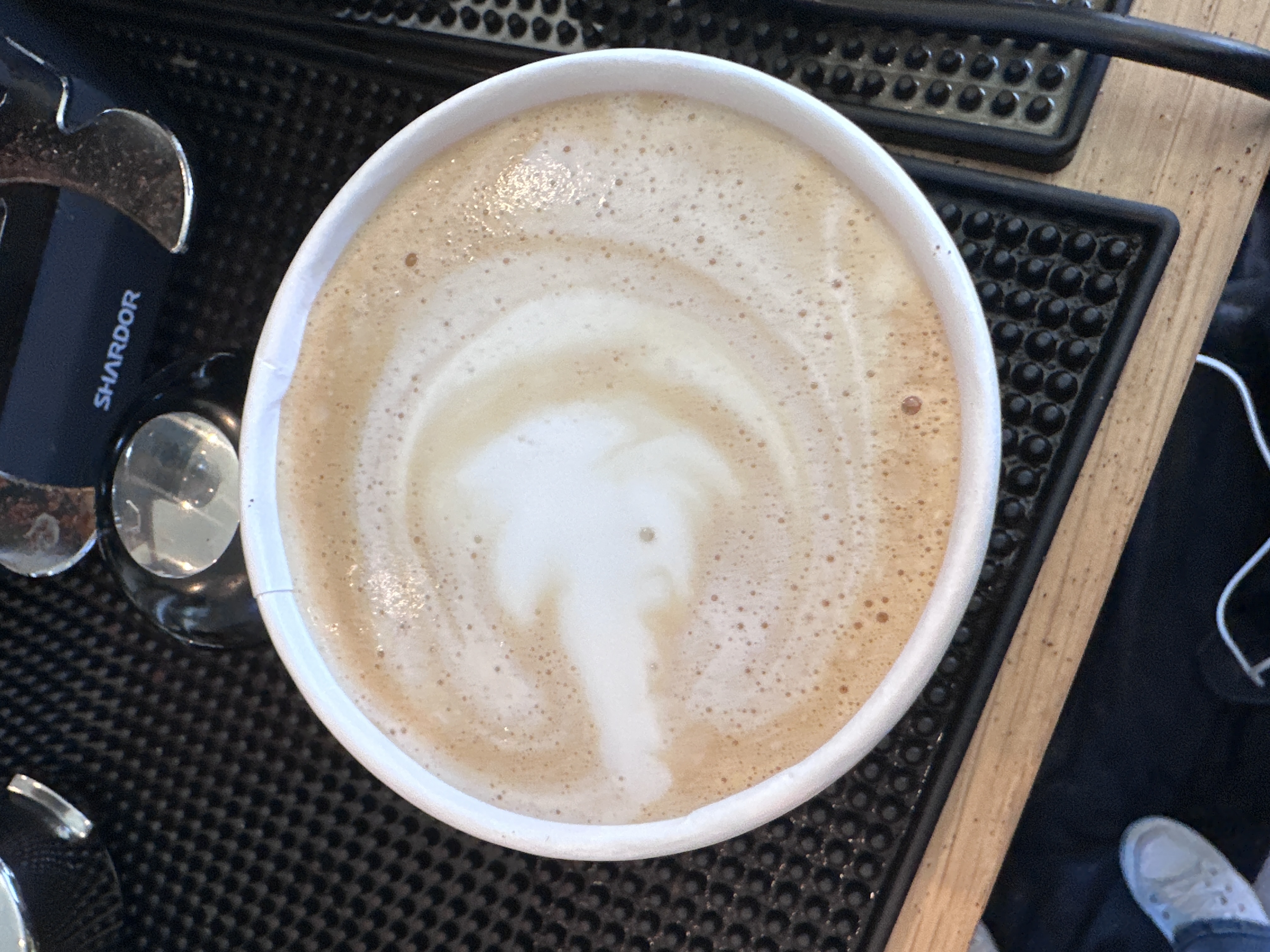 Tee Coffee Studio overhead latte art with Atlanta Hawks bird design poured in foam — custom latte art at Atlanta events