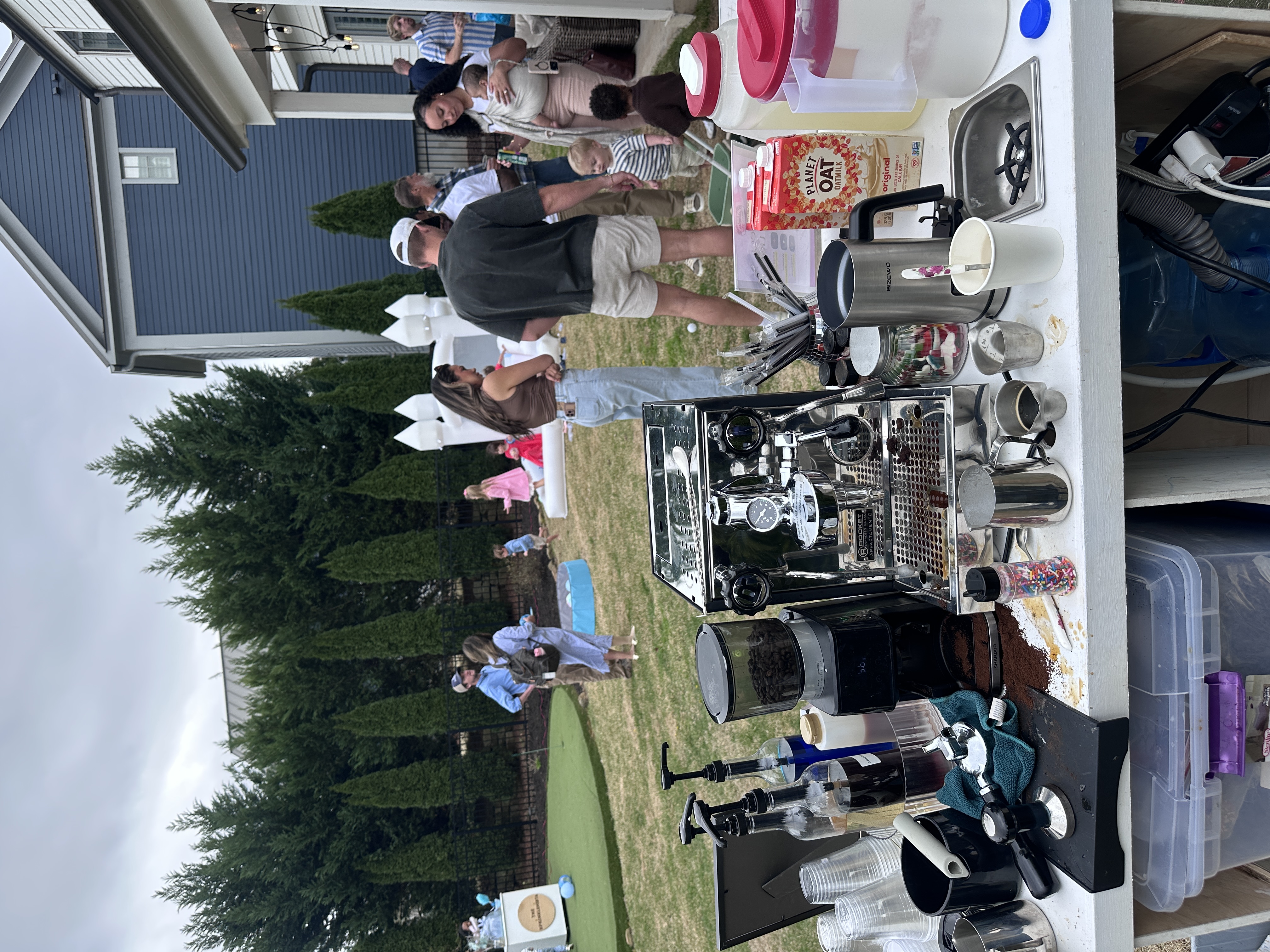 Tee Coffee Studio Rocket espresso machine at outdoor backyard birthday party in Atlanta with guests